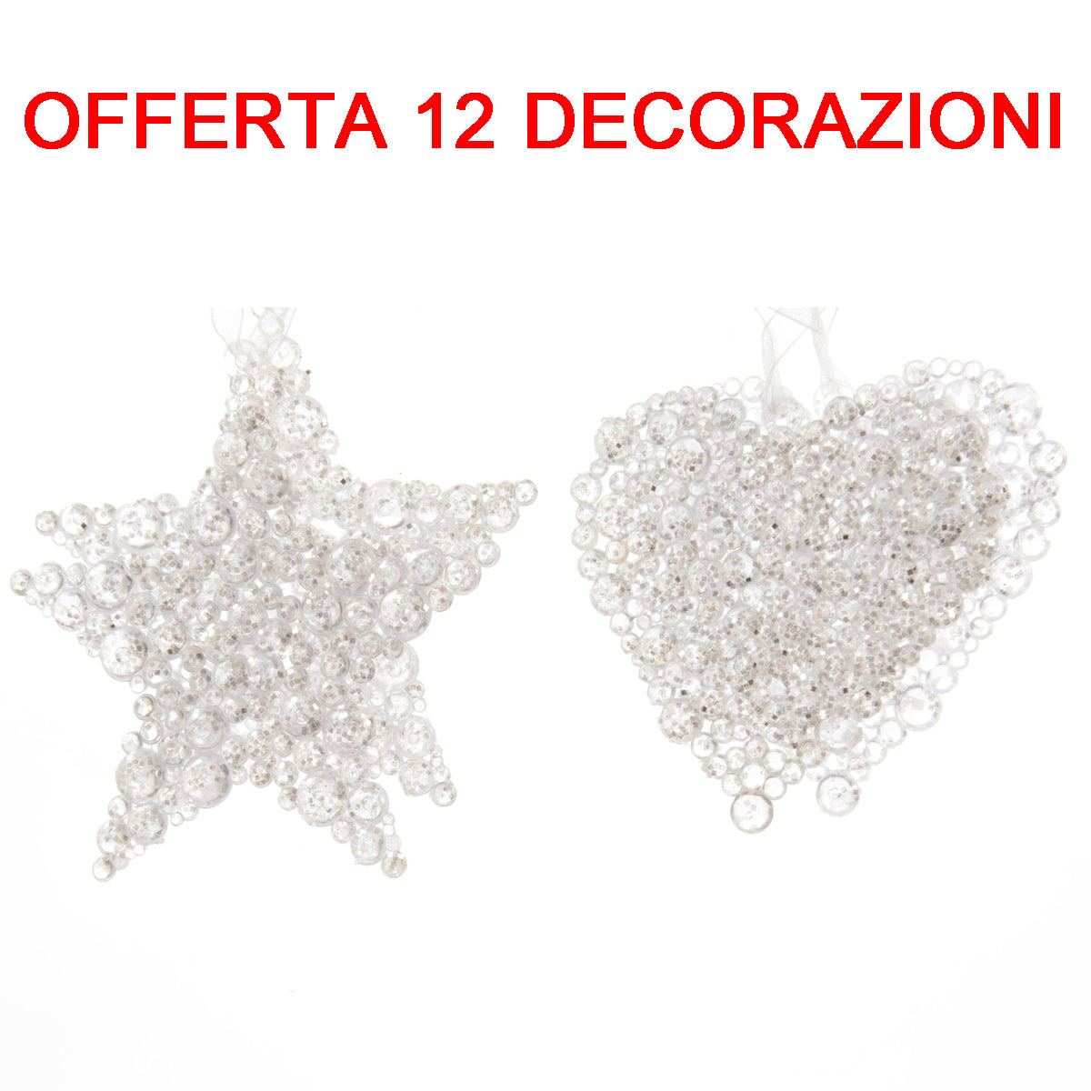 OFFETA 12 PZ DECORAZIONE APPENDIBILE 10CM STELLA/CUORE ARGENTO ASSORTITA