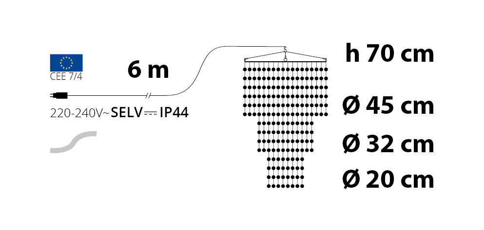 LAMPADARIO CASCATA D.45XH70CM 936 SFERE LED BIANCO CALDO