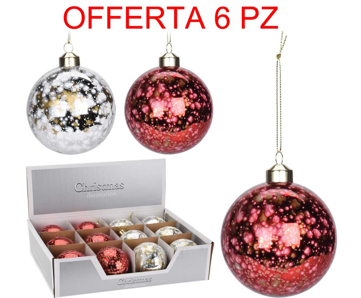 OFFERTA 6 PALLINE 8CM ROSSO/ARGENTO CON PUNTINI ASSORTITE