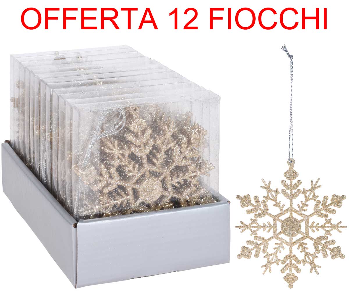 OFFERTA 3 CONFEZIONI DA 4 FIOCCHI DI NEVE APPENDIBILE 13CM GLITTER ORO