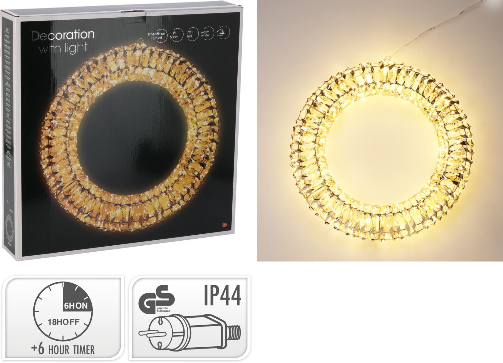 Corona luminosa a LED, 720 LED, 50 cm, colore oro