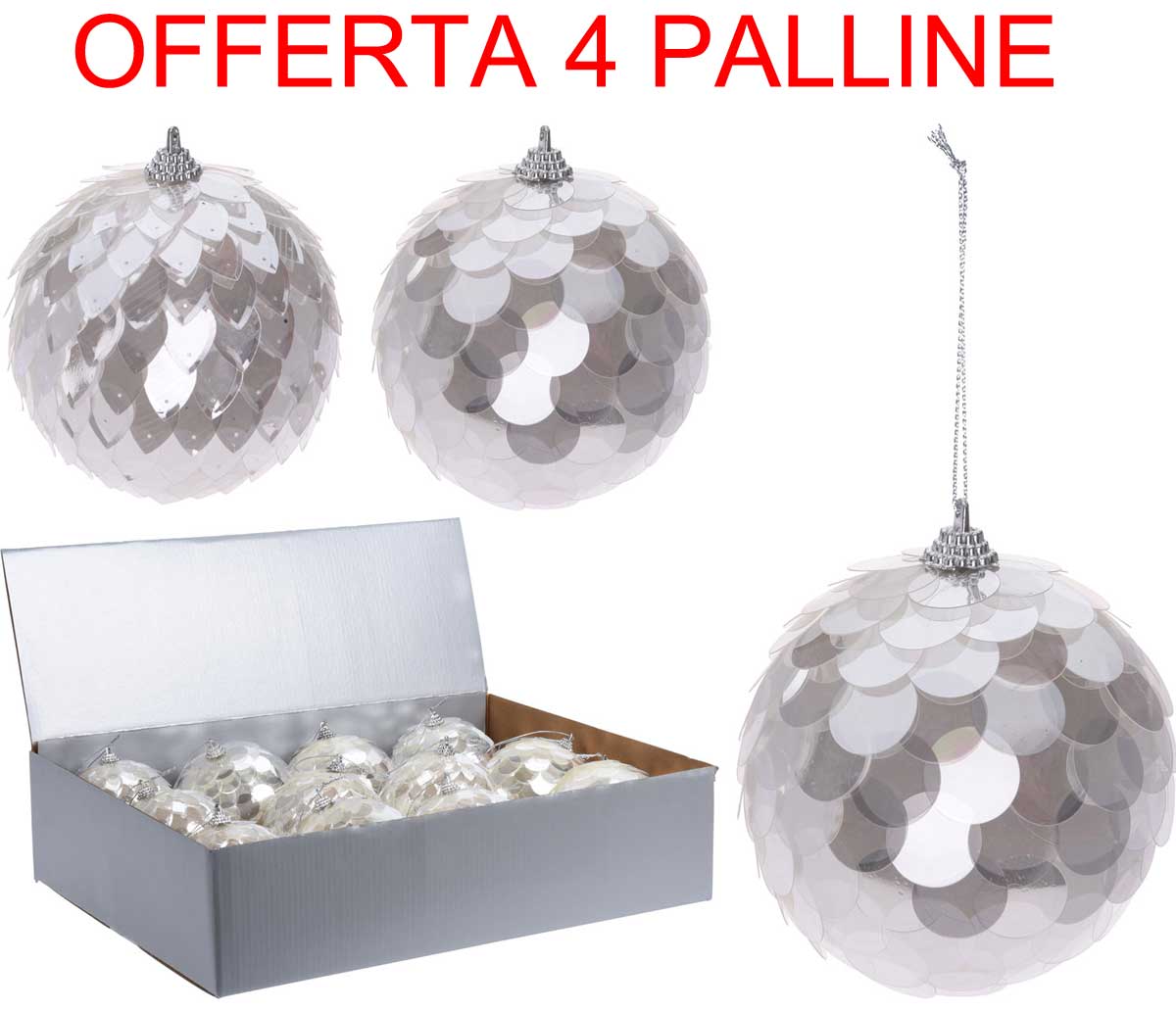 OFFERTA 4 PALLINE 10CM ARGENTO EFFETTO SPECCHIO