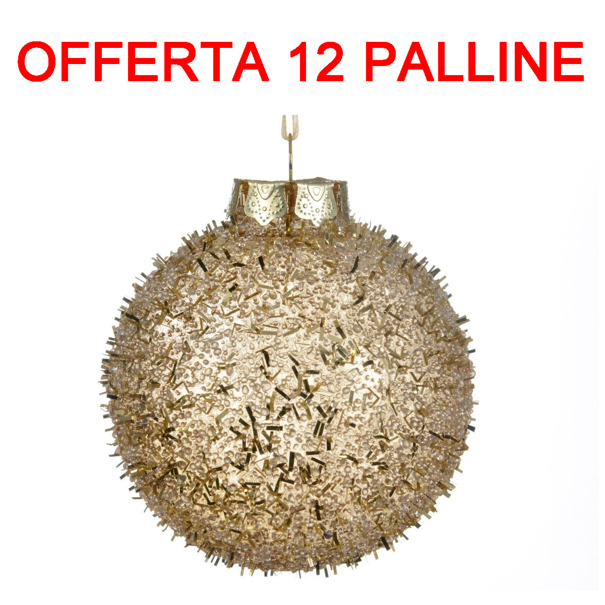 OFFERTA 12 PALLINE DI NATALE 8CM CON GLITTER ORO CHIARO