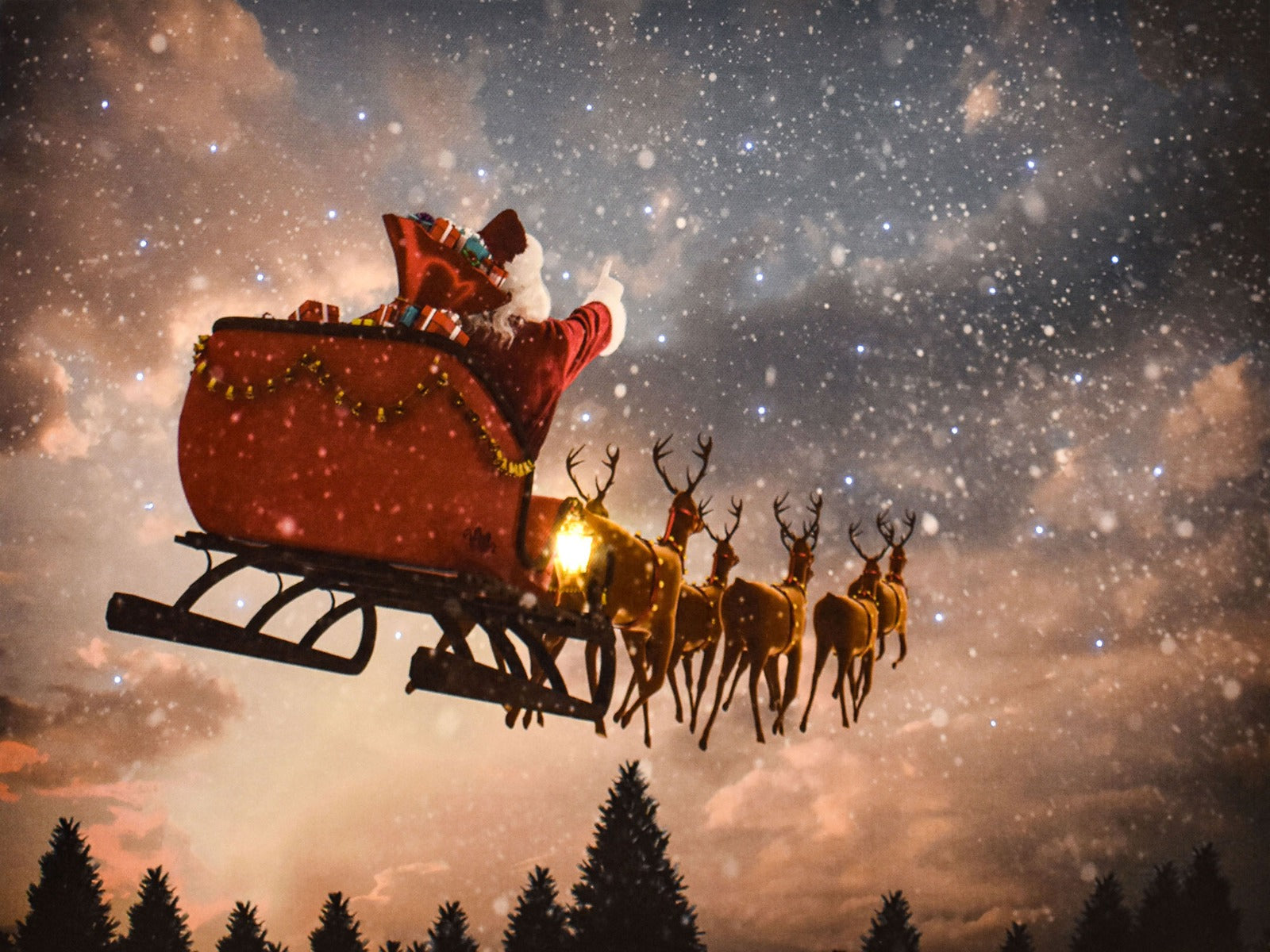 QUADRO NATALIZIO LED CON BABBO NATALE SU SCLITTA 40X30CM CON SENSORE MUSICALE