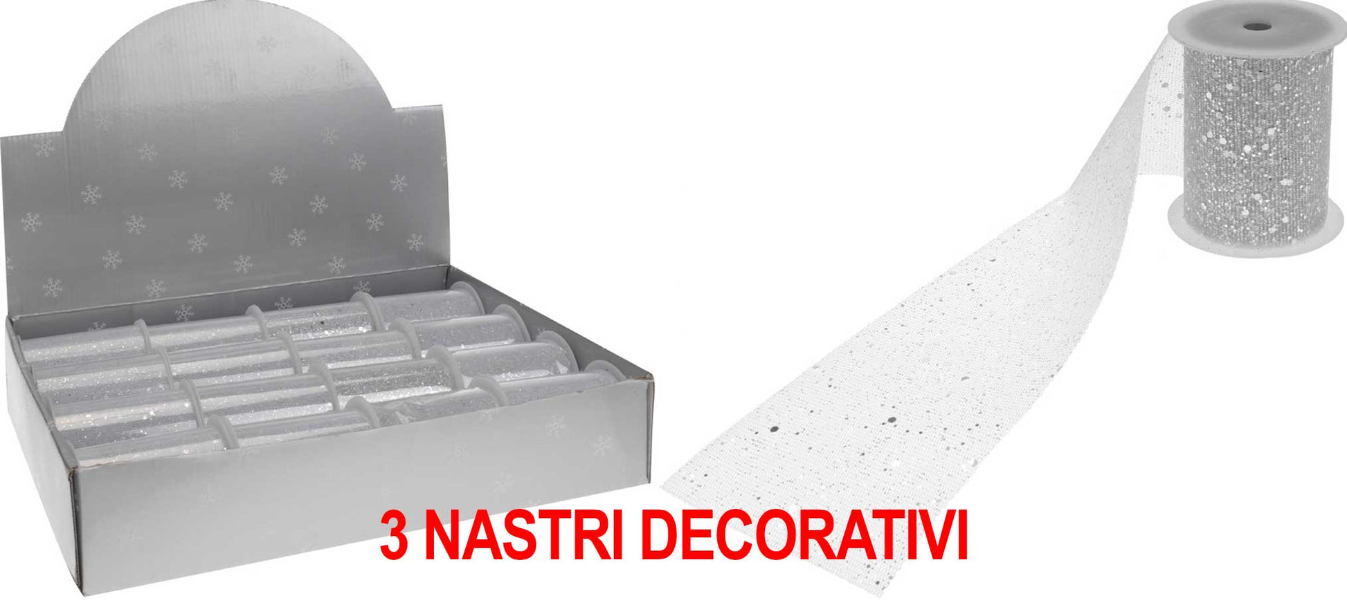 OFFERTA 3 NASTRI DECORATIVI GLITTER ARGENTO 38X200CM