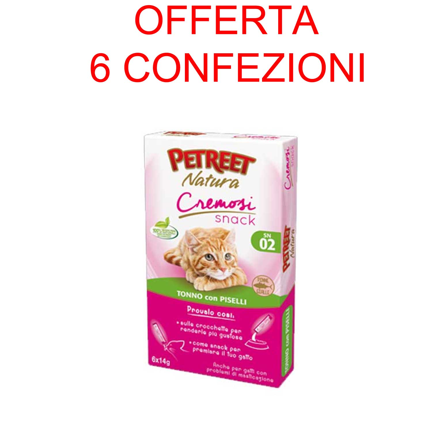 OFFERTA 6 SNACK NATURA CREMOSI TONNO CON PISELLI 6X14GR GATTO ADULTO