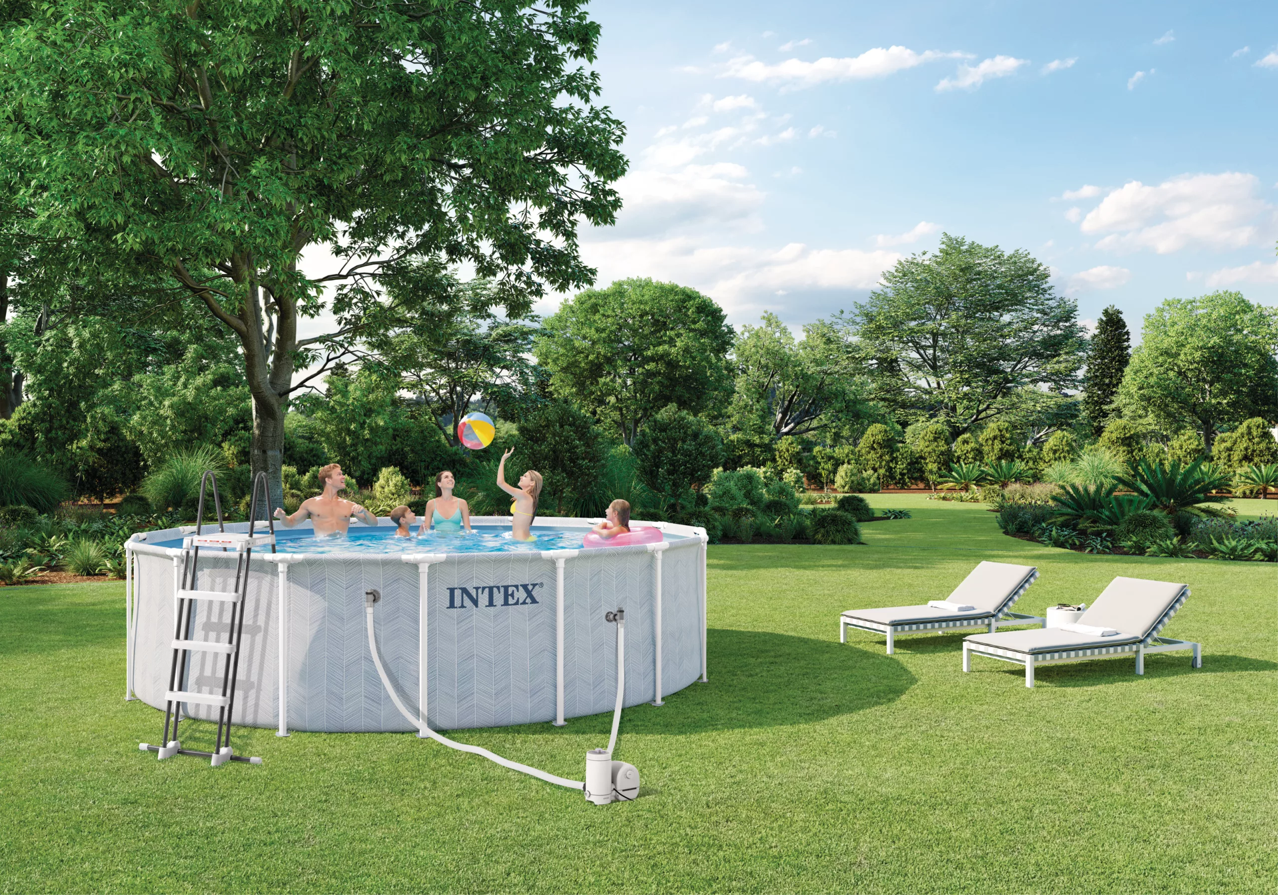 Piscina Rotonda Prisma Frame Chevron 488cm D x 122cm H Effetto Rigato Azzurro Intex