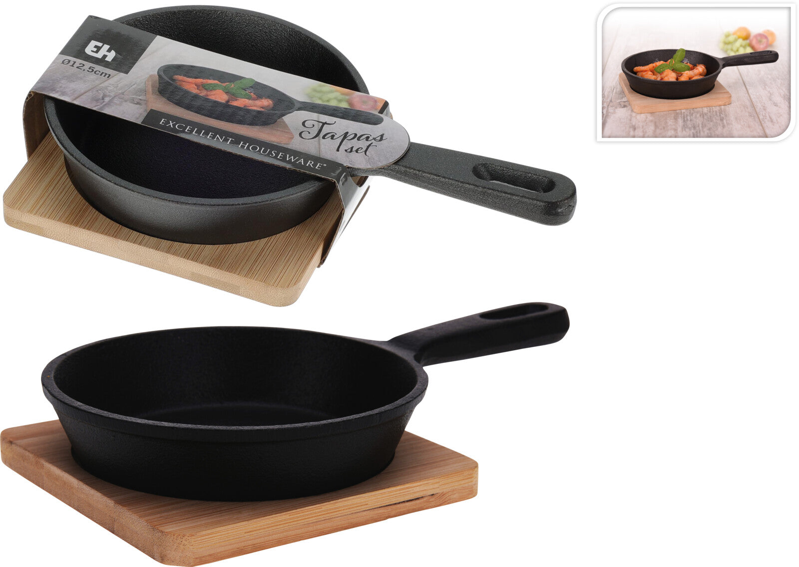 PADELLA IN GHISA PER APERITIVI/TAPAS CON BASE IN BAMBU 12CM