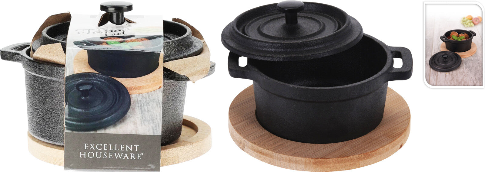 PENTOLA IN GHISA PER APERITIVI/TAPAS CON BASE IN BAMBU 10CM