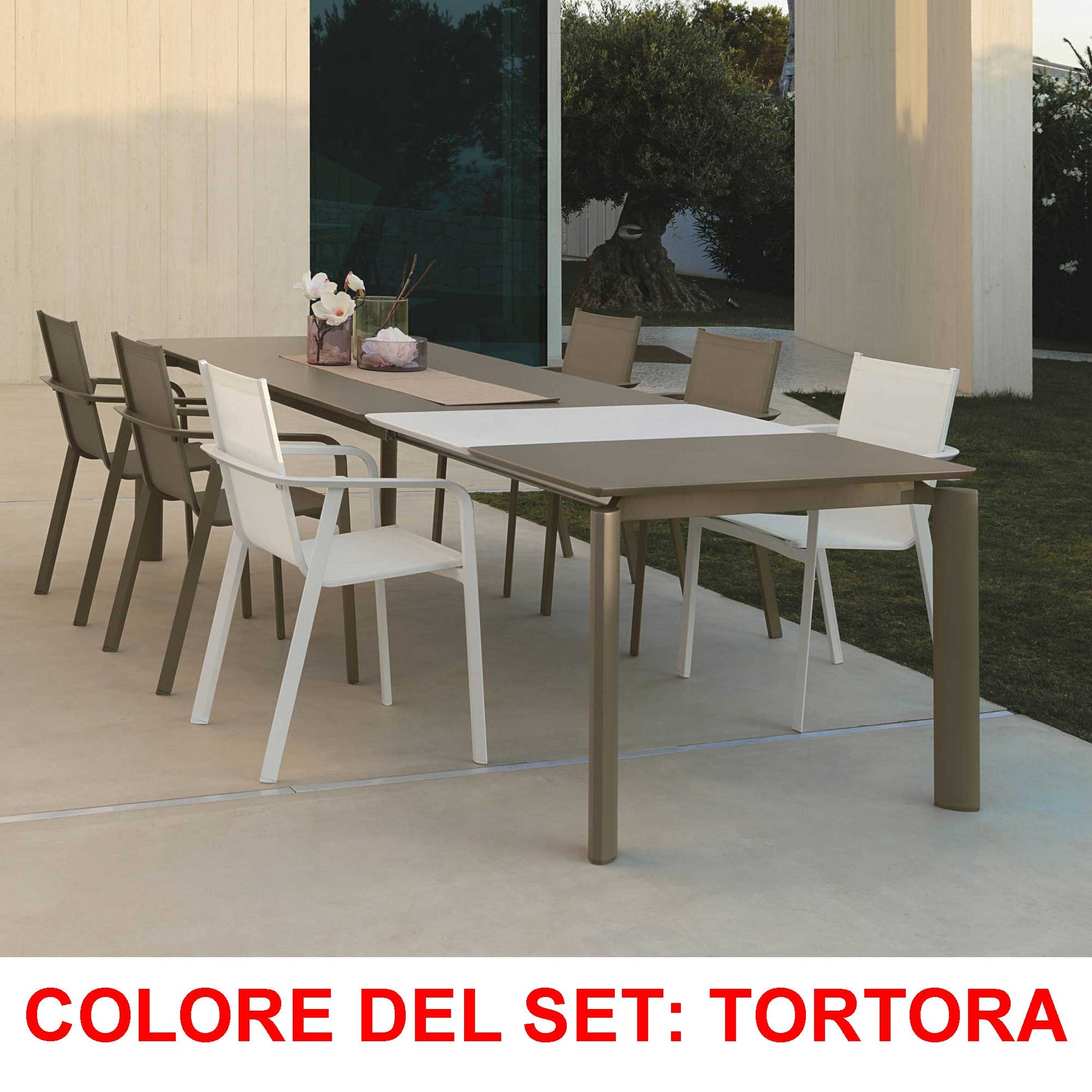 OFFERTA SET DA PRANZO TAVOLO ALL. MILO 160/215X95+ 6 POLTRONE TORTORA MILO