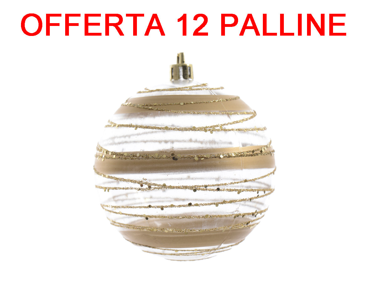 OFFERTA 12 PALLINE DI NATALE 8CM TRASPARENTE DECORAZIONI ORO CHIARO