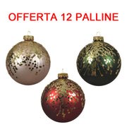 OFFERTA 12 PALLINE DI NATALE 8CM PERLA/VERDE PINO/ROSSO CON GLITTER ASSORTITA