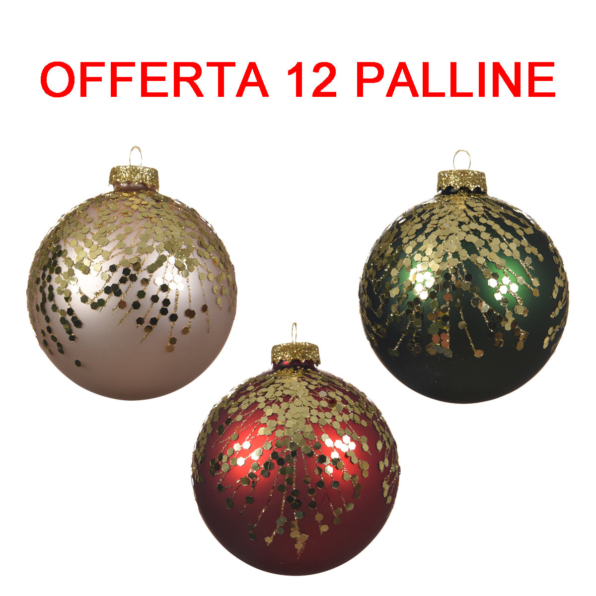 OFFERTA 12 PALLINE DI NATALE 8CM PERLA/VERDE PINO/ROSSO CON GLITTER ASSORTITA