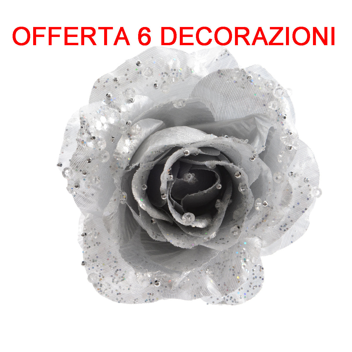 OFFERTA 6 PZ ROSA APPENDIBILE CON CLIP 14CM CON GLITTER ARGENTO