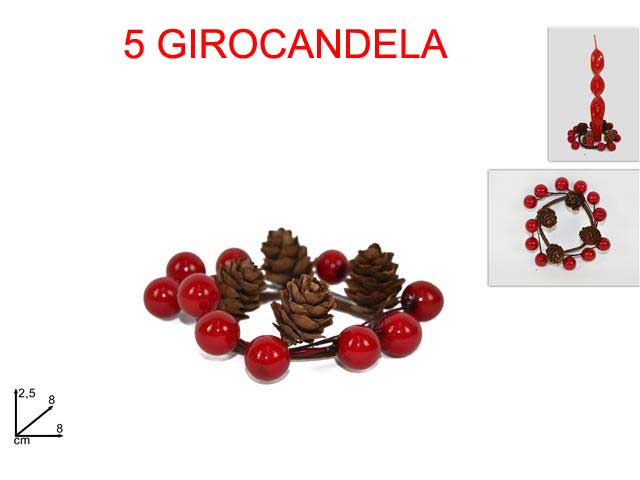 OFFERTA 5 GIROCANDELA SEGNAPOSTO CON BACCHE E PIGNE 8CM