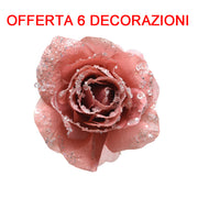OFFERTA 6 PZ ROSA APPENDIBILE CON CLIP 14CM CON GLITTER ROSA CANDY
