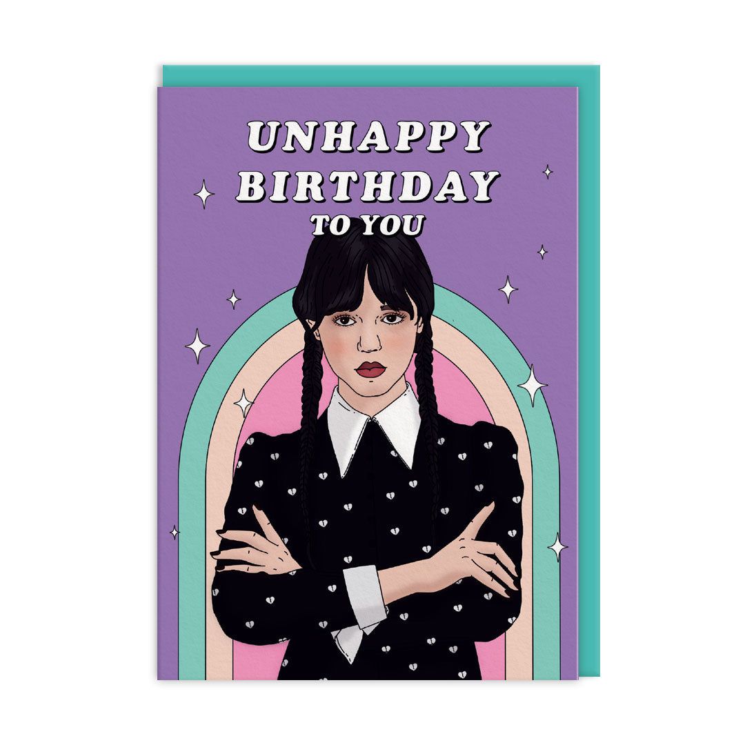 Ohh Deer Biglietto di auguri "Wednesday Addams Unhappy Birthday" A6, aqua/lilla