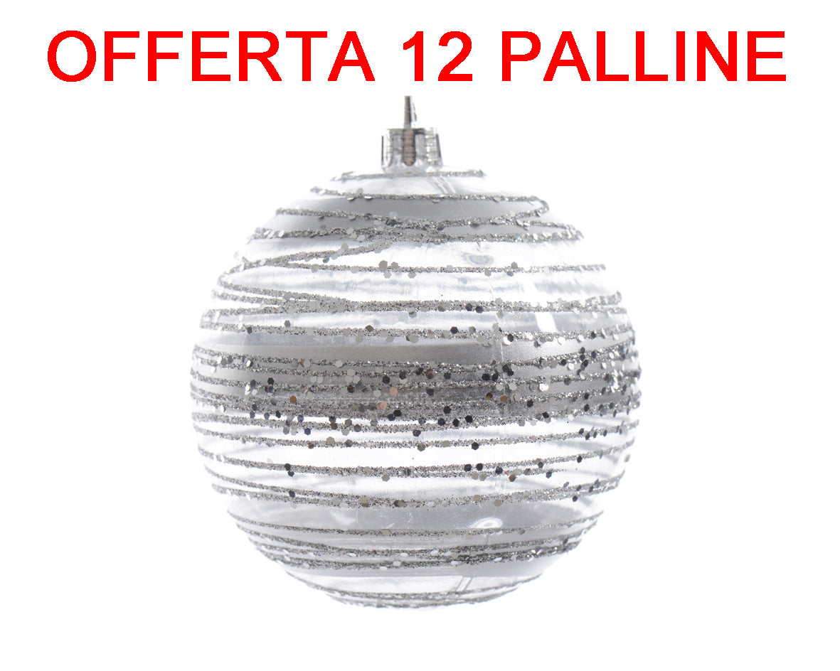 OFFERTA 12 PALLINE DI NATALE 8CM TRASPARENTE DECORAZIONI ARGENTO GLITTER