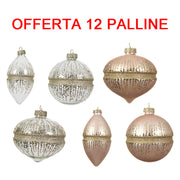 OFFERTA 12 PALLINE DI NATALE 8CM PERLA/TRASPARENTE CON GLITTER ORO ASSORTITA