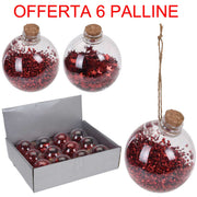 OFFERTA 6 PALLINE TRASPARENTI CON DECORAZIONI ROSSE 10CM ASSORTITE