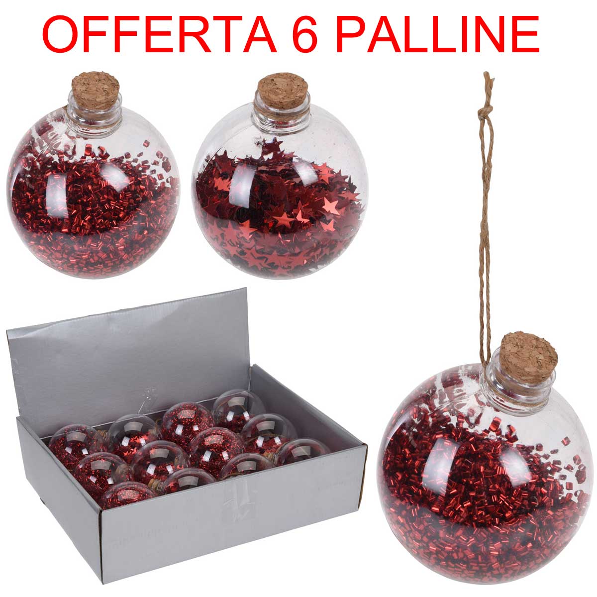 OFFERTA 6 PALLINE TRASPARENTI CON DECORAZIONI ROSSE 10CM ASSORTITE