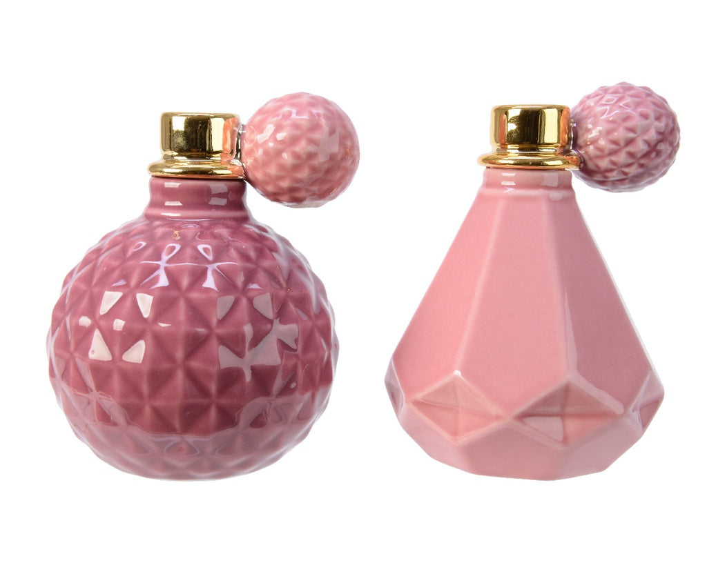 PORTACANDELE ROSA IN PORCELLANA BOTTIGLIA DI PROFUMO 15 CM MODELLO ASSORTITO