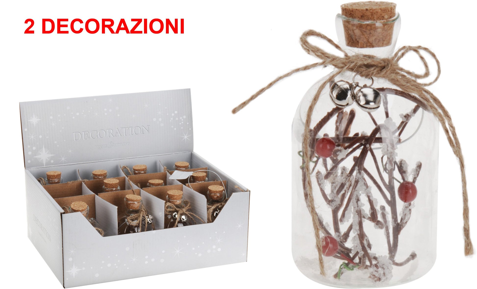 OFFERTA 2 BOTTIGLIE APPENDIBILI IN VETRO 10CM CON DECORAZIONI ASSORTITE