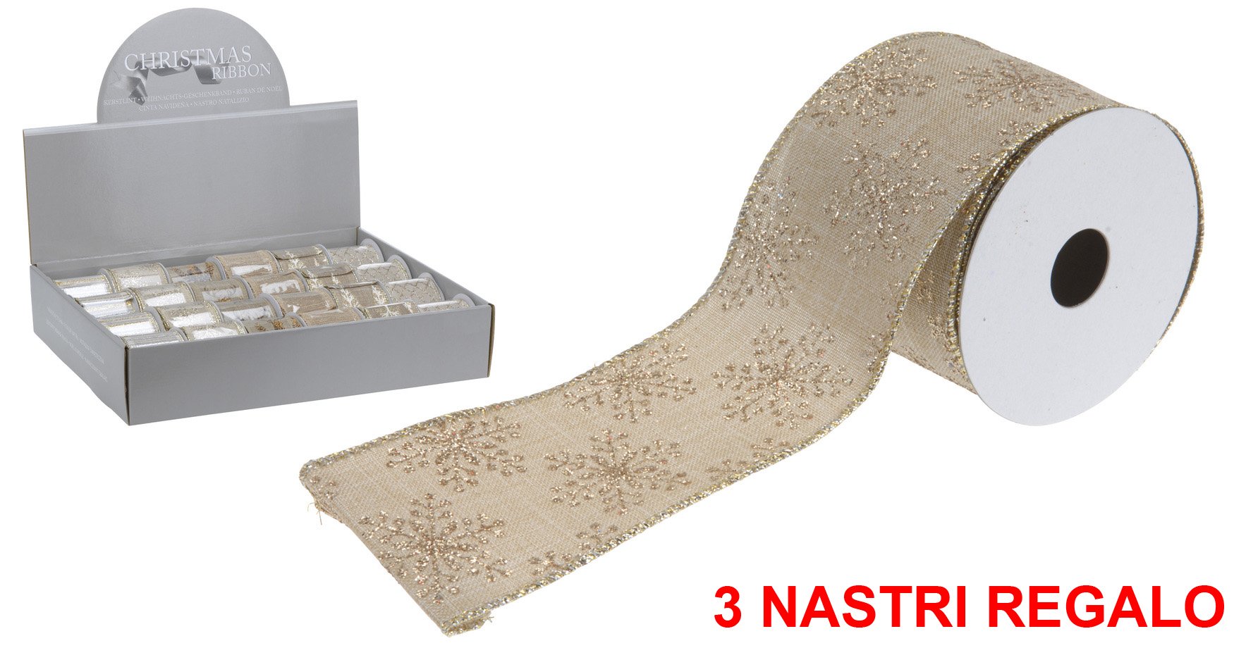 OFFERTA 3 NASTRI REGALO ORO 270X6CM CON DECORAZIONI ORO