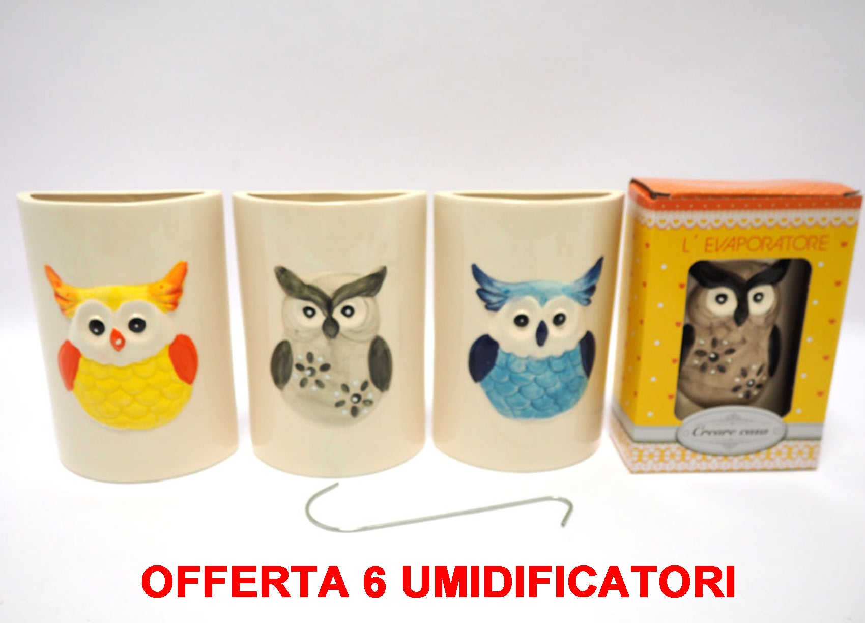 OFFERTA 6 UMIDIFICATORI CON GUFO COLORATO IN CERAMICA PER TERMOSIFONI