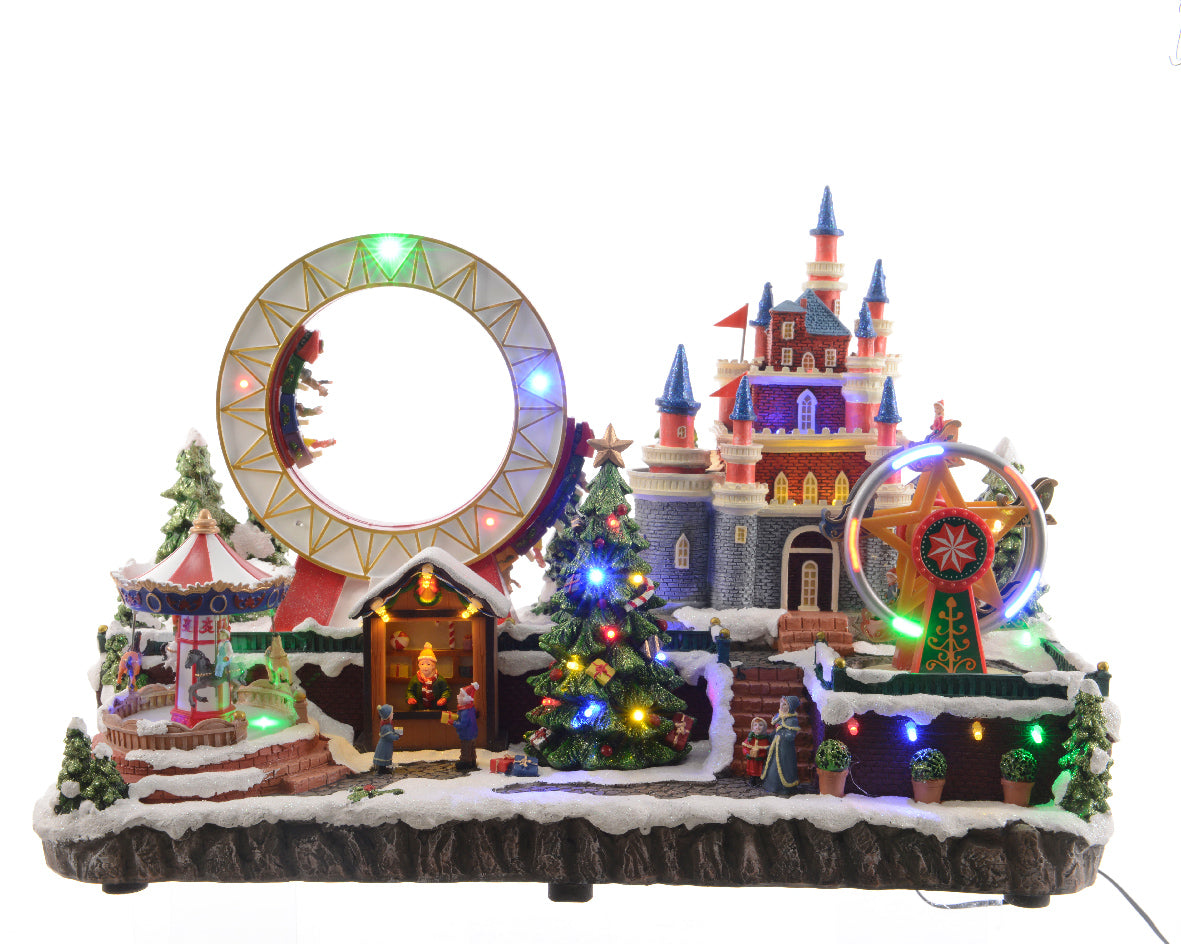 SCENA ILLUMINATA LUNA PARK D'INVERNO 25X50X33 CM CON MOVIMENTI E SUONI