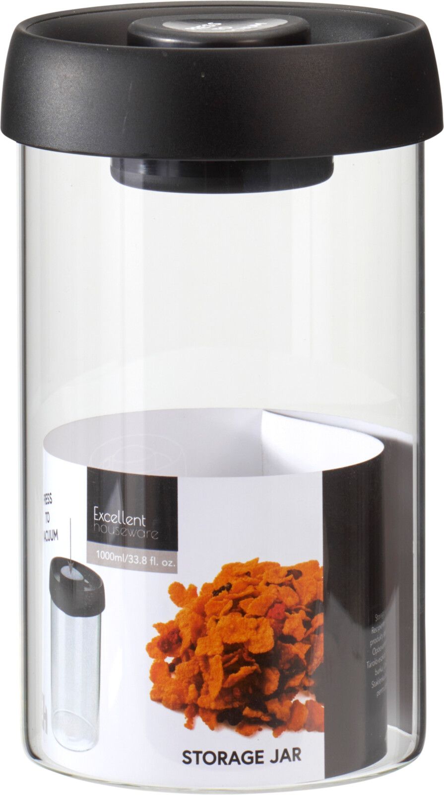 Barattolo in vetro borosilicato con pompa sottovuoto, 1000 ml, trasparente/nero