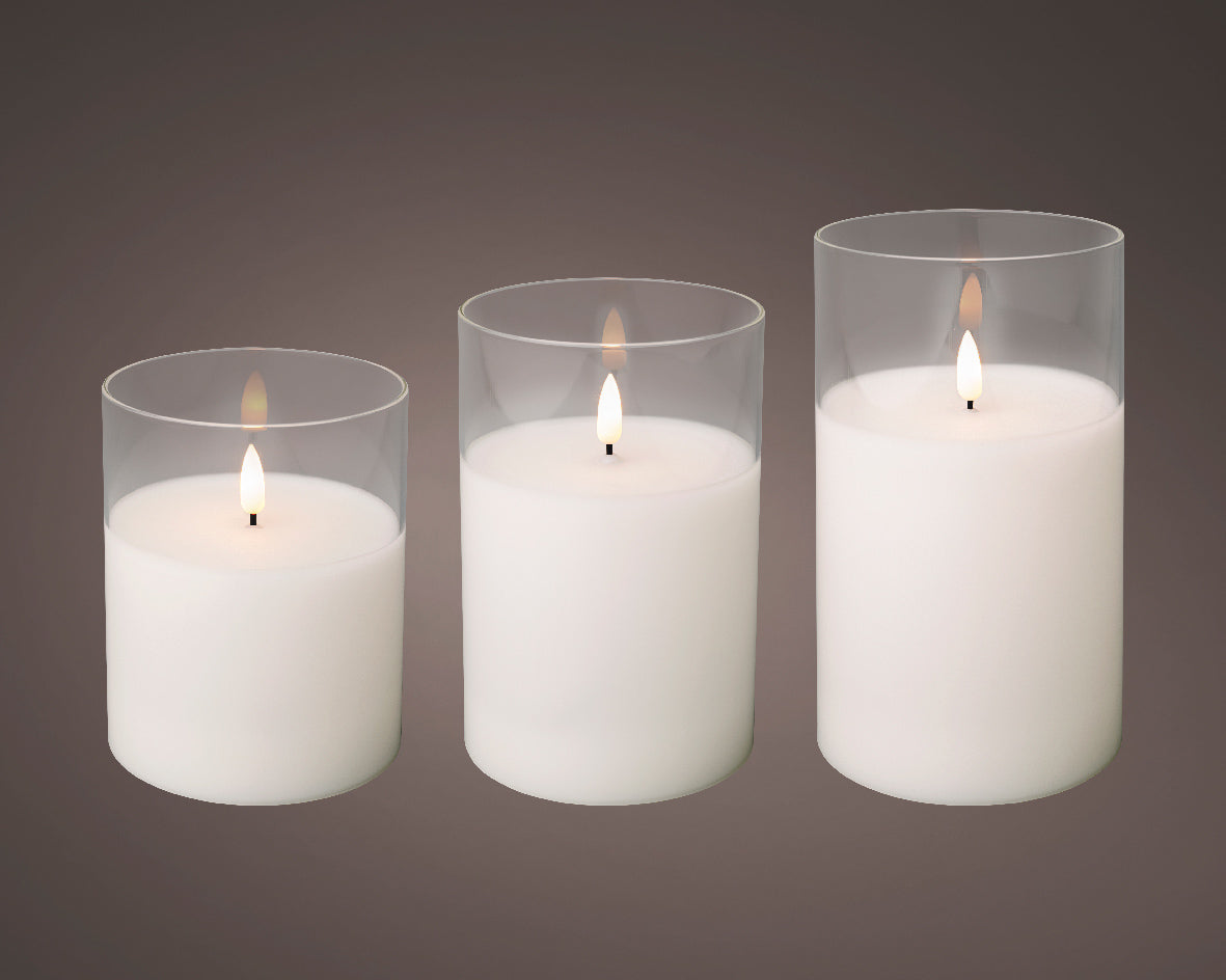 Set di 3 candele decorative a LED, altezza 17,5 cm, colore bianco.