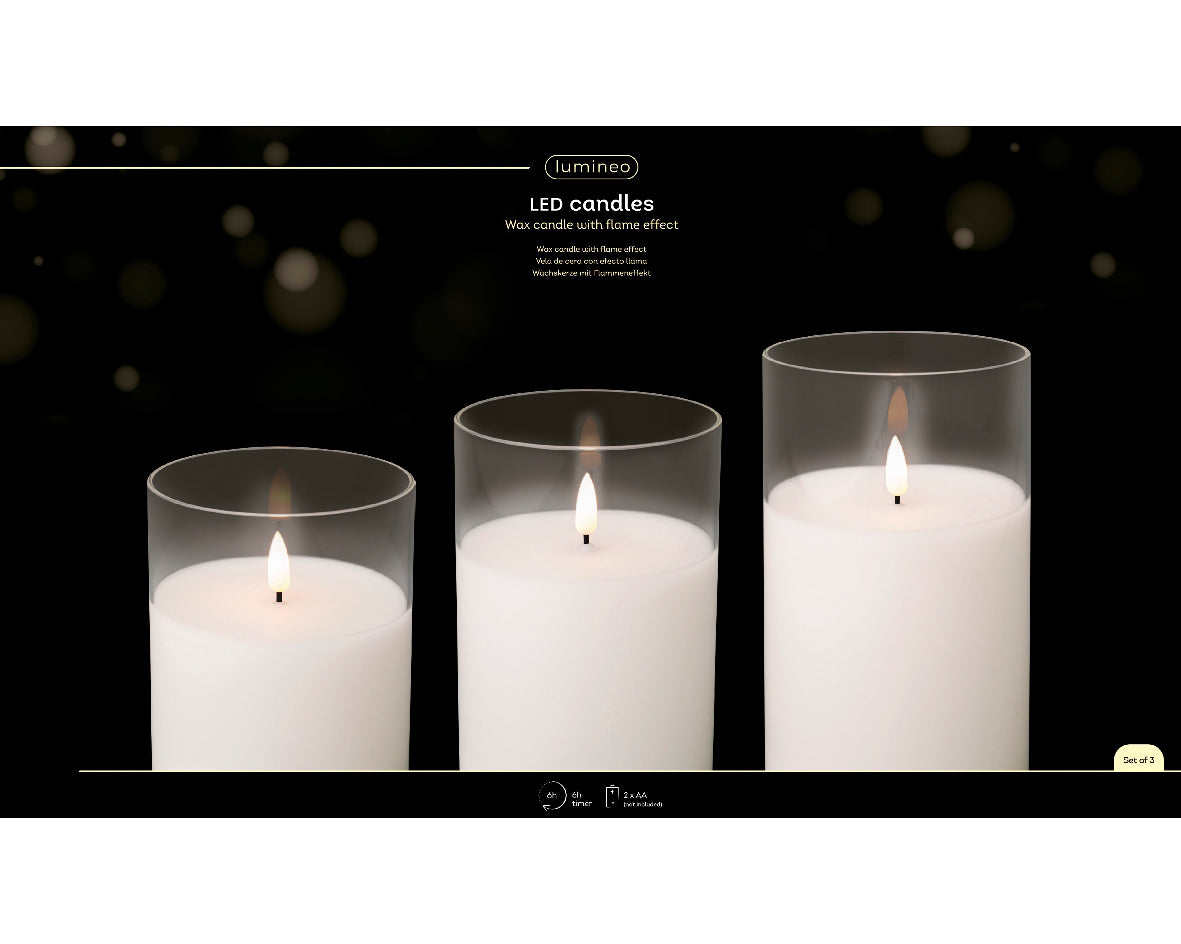 Set di 3 candele decorative a LED, altezza 17,5 cm, colore bianco.