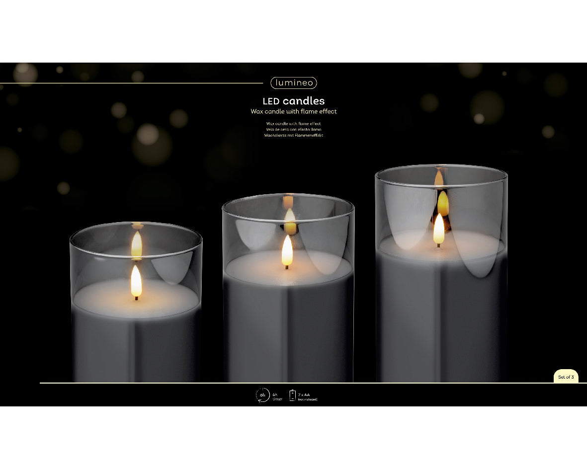 Set di 3 candele decorative a LED, altezza 17,5 cm, colore grigio.