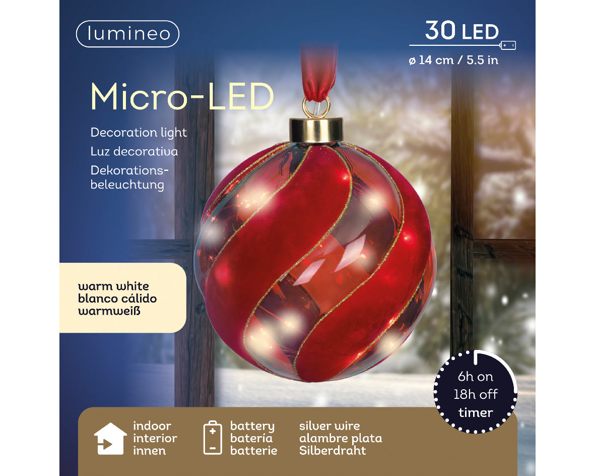 Pallina Natalizia decorativa 30LED, diametro 14 cm, colore rosso e luce bianco caldo.