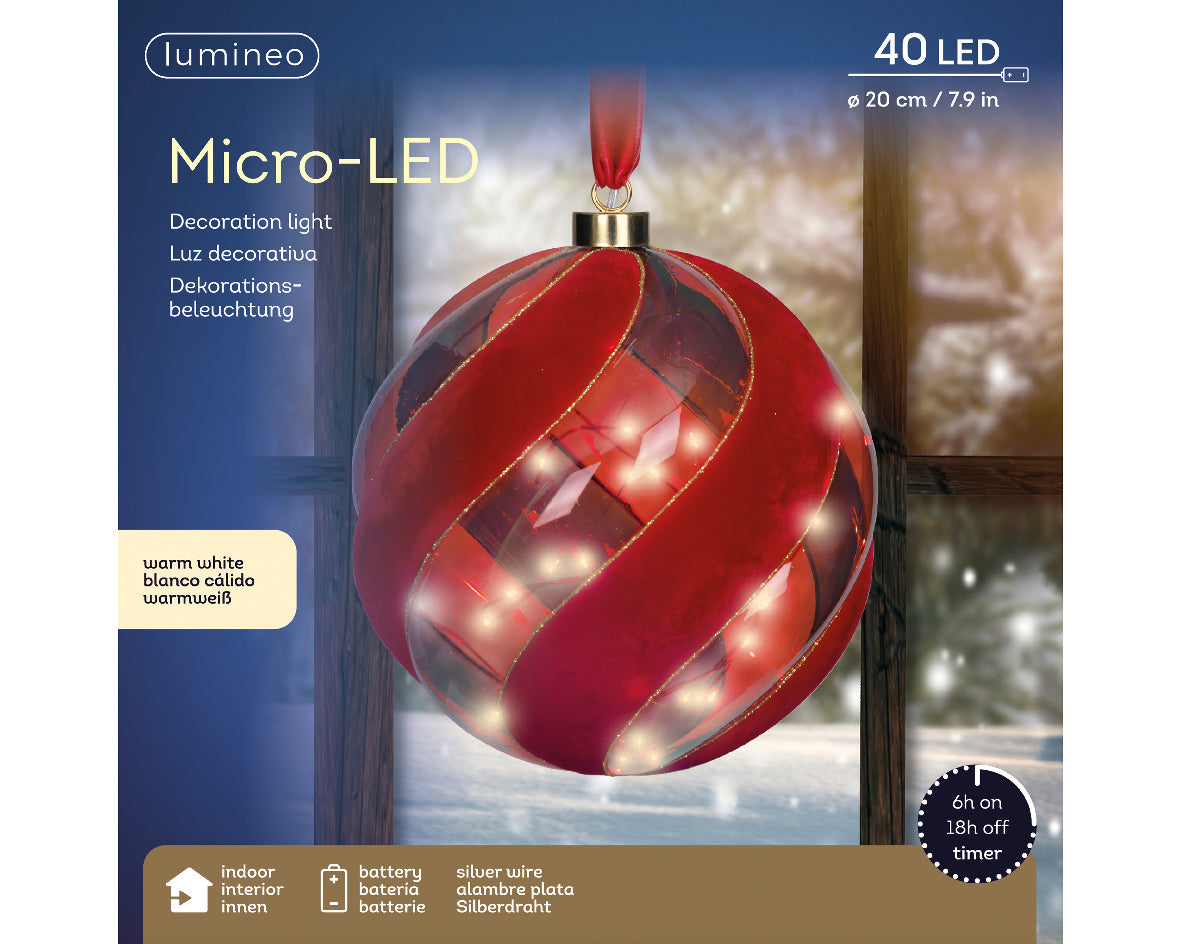 Pallina Natalizia decorativa 40 LED, diametro 20 cm, colore rosso e luce bianco caldo.