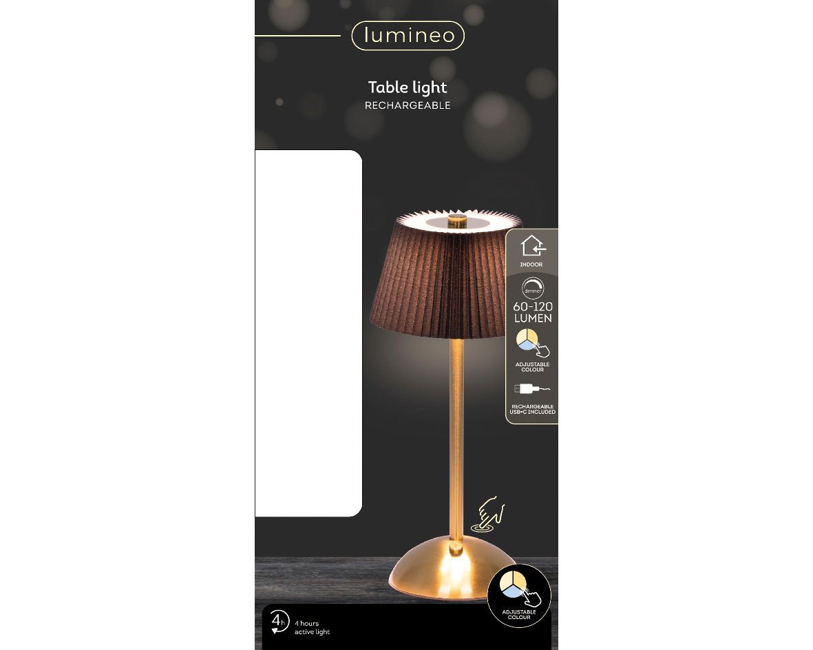 Lampada decorativa a LED, altezza 30,5 cm e diametro 15 cm, colore nero e oro.