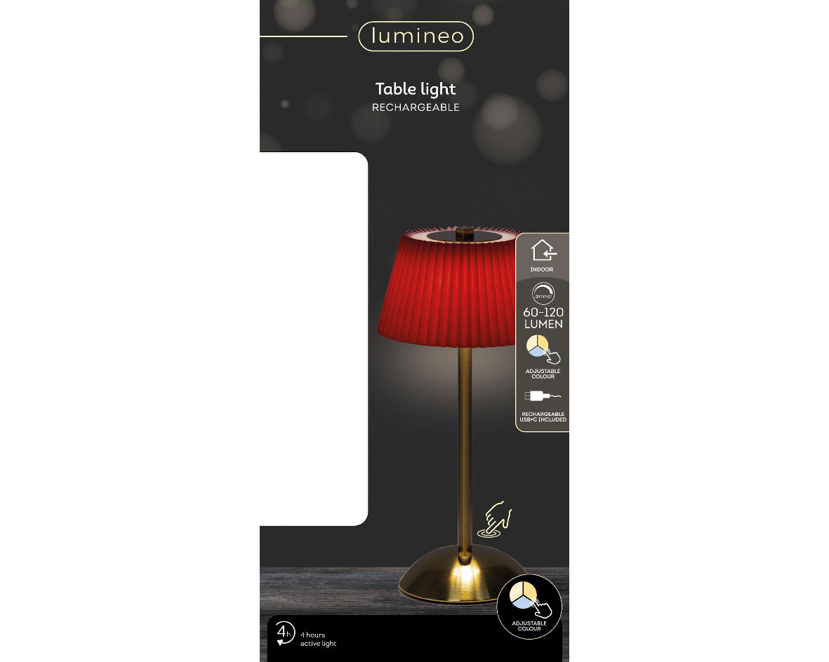Lampada decorativa a LED, altezza 30,5 cm e diametro 15 cm, colore rosso e oro.