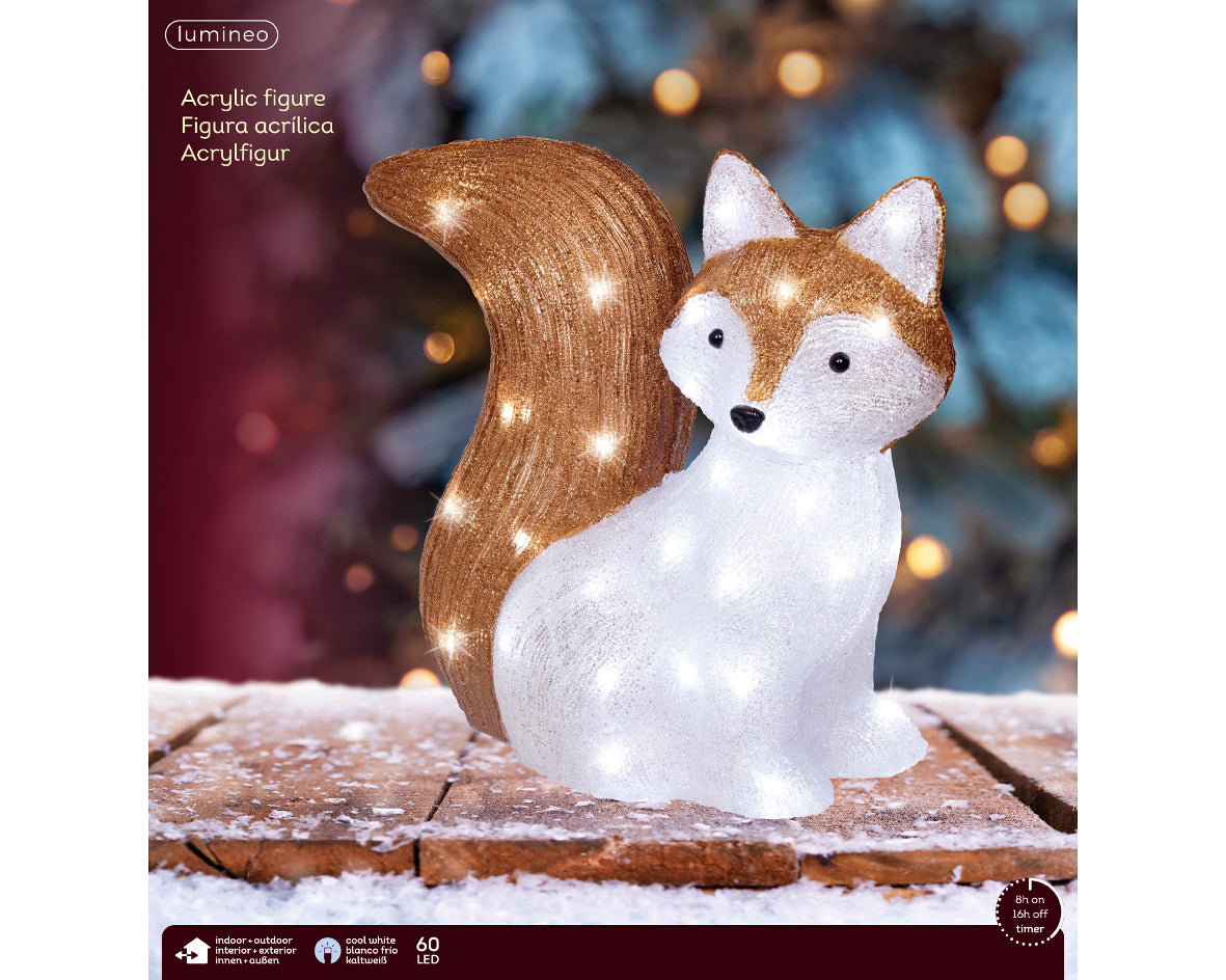 Volpe luminosa decorativa 60 LED, altezza 37 cm, colore bianco.