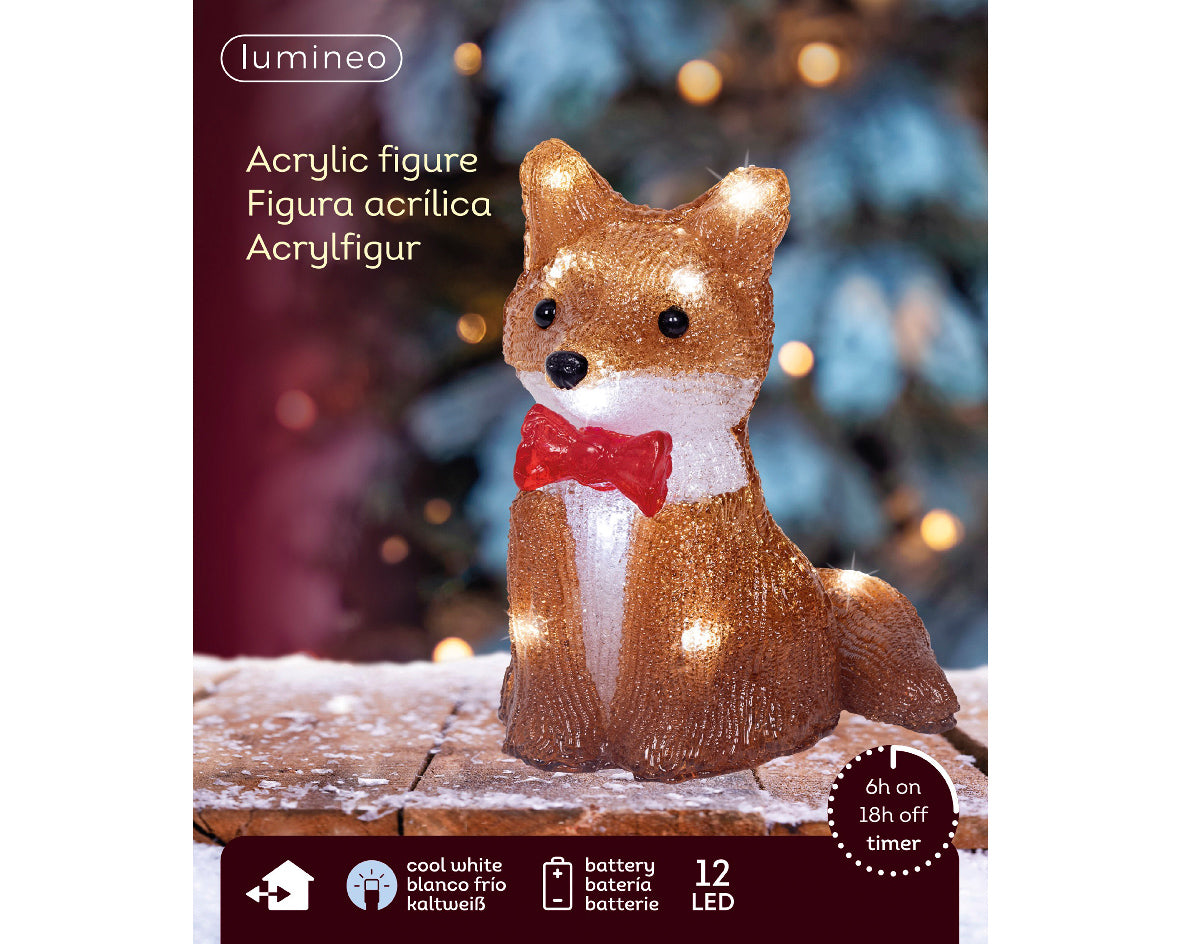 Volpe decorativa 12 LED, altezza 18,5 cm, colore marrone.