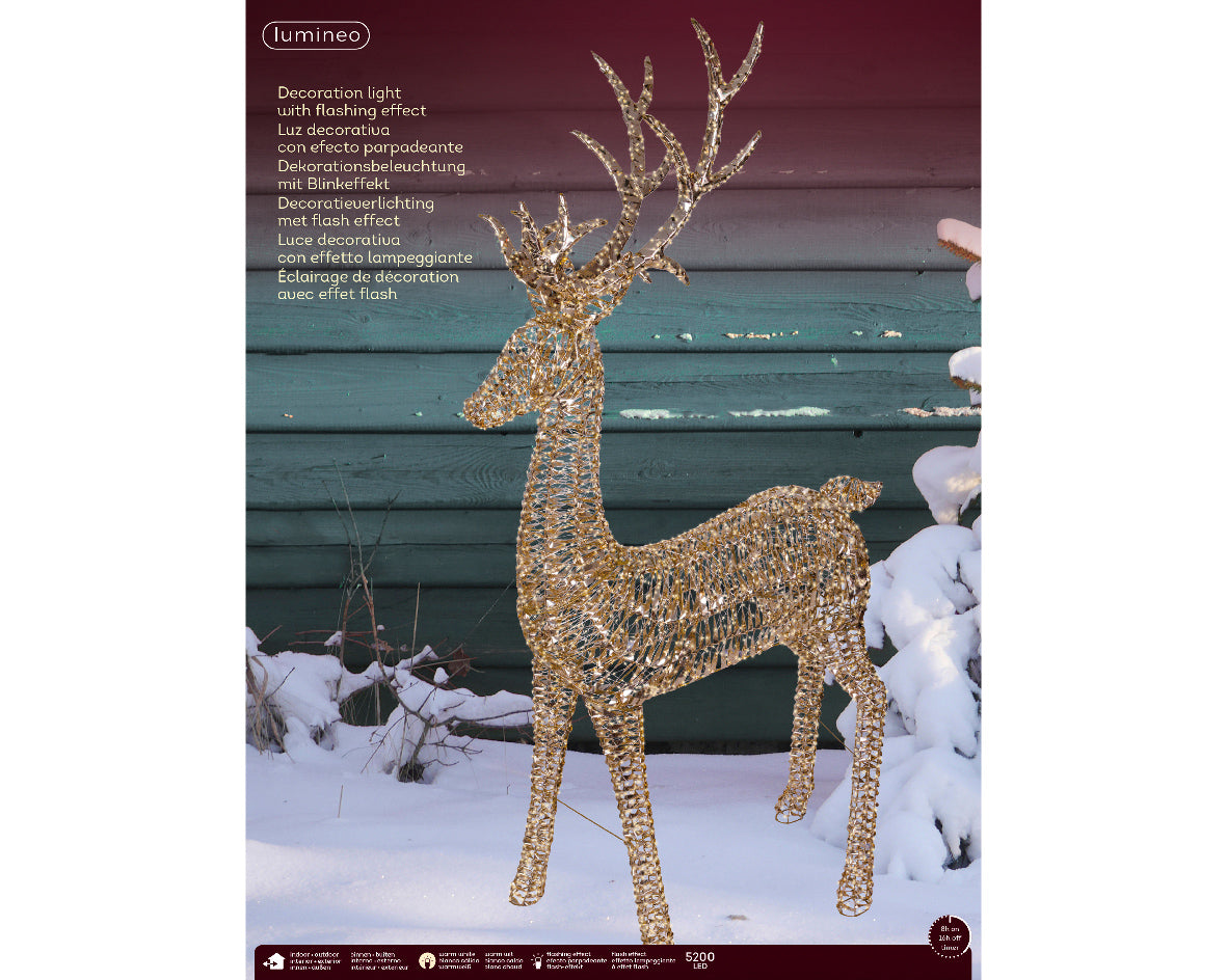 Renna decorativa 5200 LED, altezza 270 cm, colore oro e luce bianco caldo