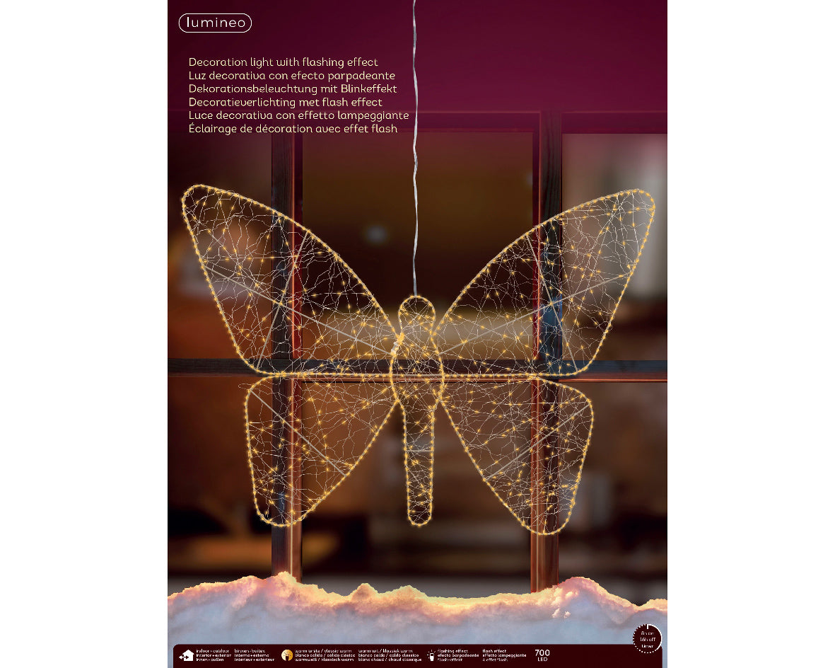 Farfalla decorativa illuminata 700 LED, altezza 77 cm, colore oro e luce bianco caldo.