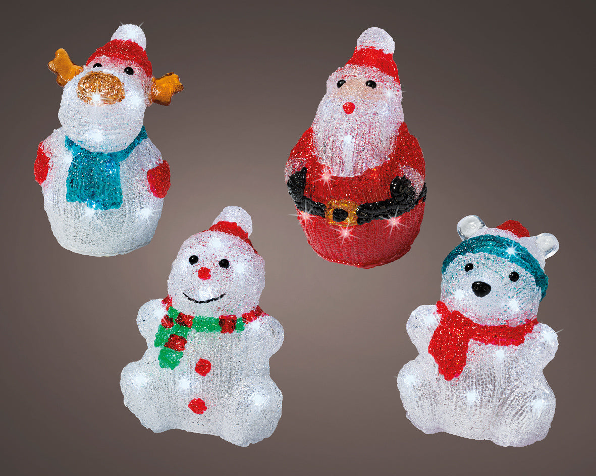 Decorazione personaggio assortito a LED, altezza 16 cm, colori rosso, bianco e marrone.