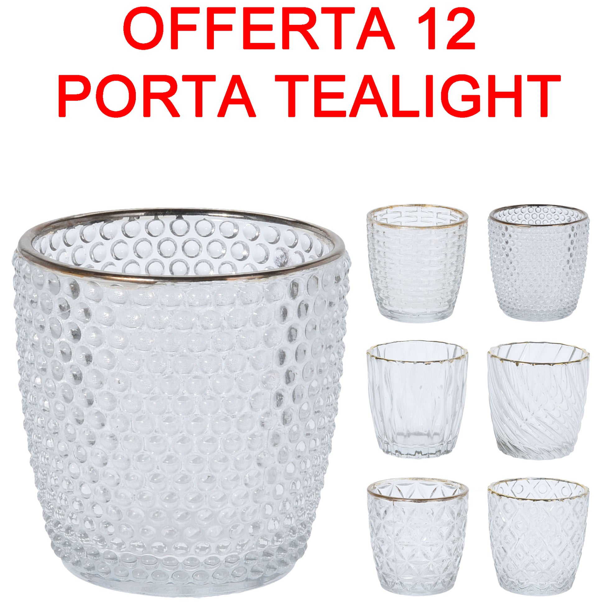 OFFERTA 12 PZ PORTA TEALIGHT 7CM IN VETRO ORO MODELLO ASSORTITO