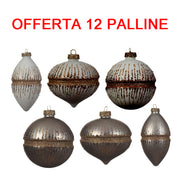 OFFERTA 12 PALLINE DI NATALE 8CM BIANCO LANA/LINO NATURALE CON GLITTER ASSORTITA