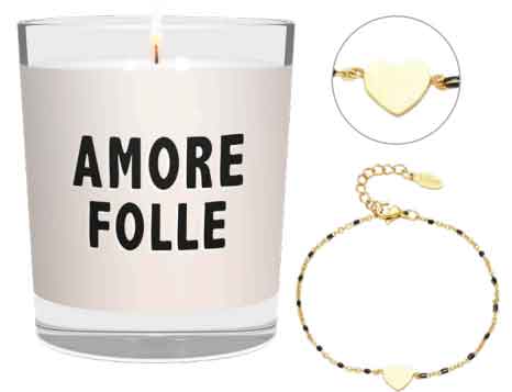 CANDELA CON SCRITTA AMORE FOLLE INCLUSO BRACCIALE CUORE