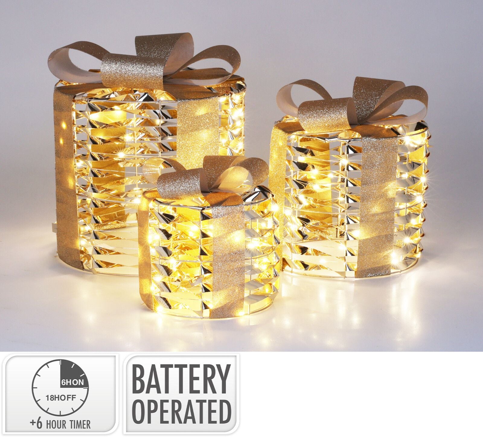 1 Pacco regalo decorativo a LED (modello medio), 20 cm, colore oro