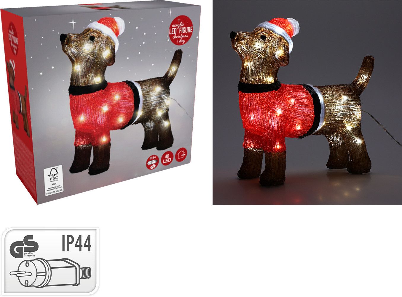 Cane natalizio decorativo a LED, altezza 38 cm, colore rosso