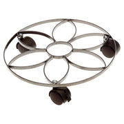 SOTTOVASO CON 3 RUOTE IN ACCIAIO DECORAZIONE FIORE 30CM