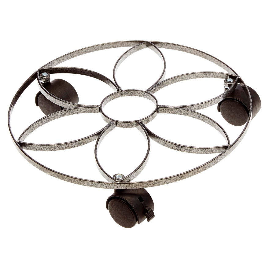 SOTTOVASO CON 3 RUOTE IN ACCIAIO DECORAZIONE FIORE 30CM